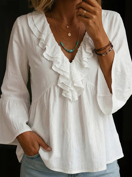 Cardydony Women's Solid Color Ruffle V Neck Blend Loose T-shirt