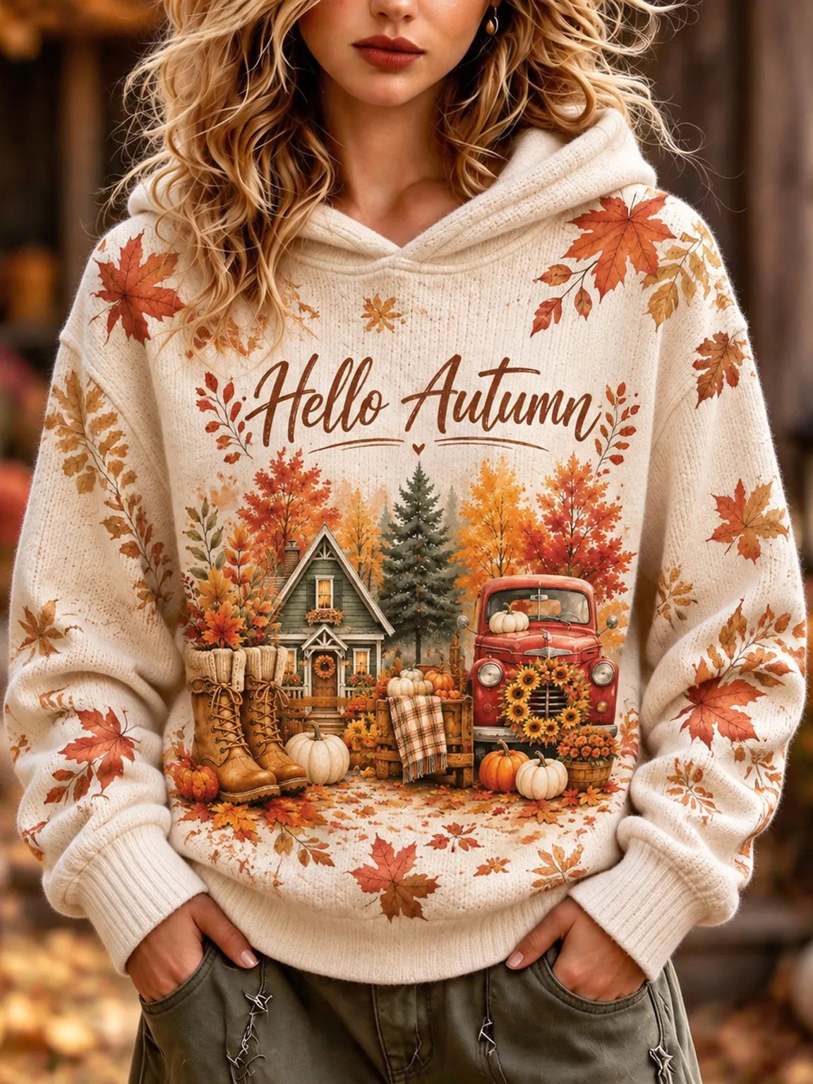 Cardydony Women's Autumn/winter Maple Leaf Print Hooded Sweater