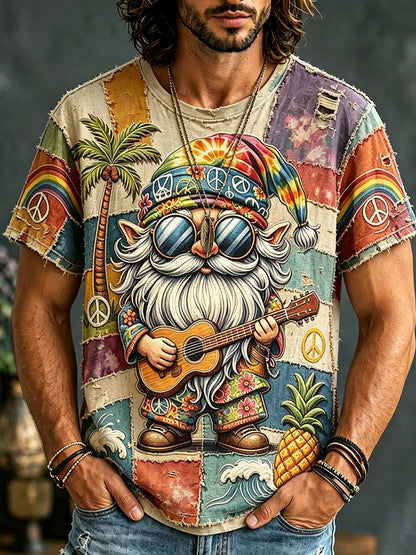 Cardydony Men's Fun Patchwork Peace Gnome Guitar Art Print T-shirt