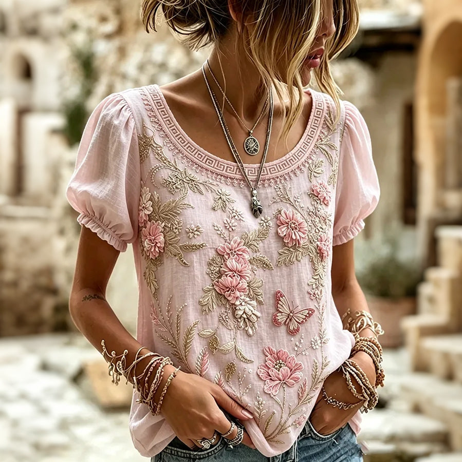 Cardydony Women's Bohemian Floral And Butterfly Art Linen Blend Top