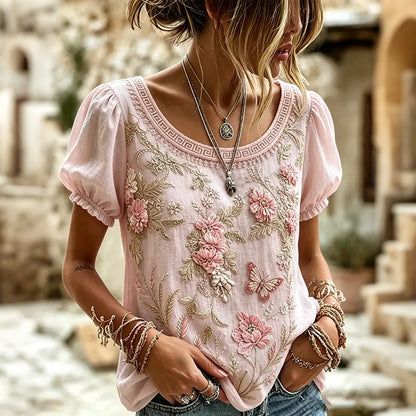 Cardydony Women's Bohemian Floral And Butterfly Art Linen Blend Top