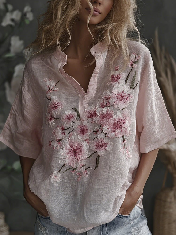 Cardydony Vintage Sakura Flower Embroidered Short Sleeve Stand Collar Linen Shirt
