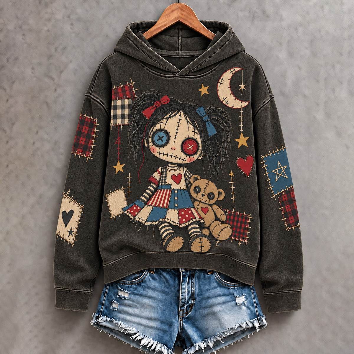 Cardydony Women's Halloween Patchwork Doll Art Print Hoodie