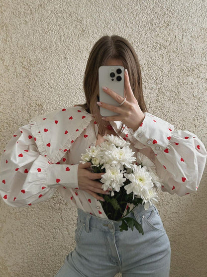 Cardydony Women's Sweetheart Printed Cotton Ruffle Blouse