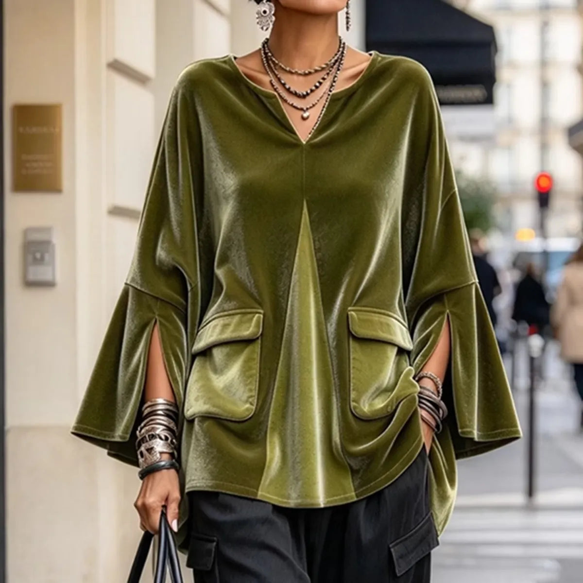 Cardydony Women's Fall Winter Cozy Elegant V-neck Olive Velvet Tunic Top