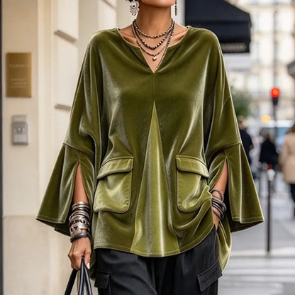Cardydony Women's Fall Winter Cozy Elegant V-neck Olive Velvet Tunic Top