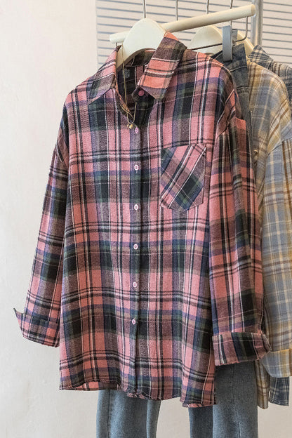 Cardydony Women's Stylish Plaid Collared Long-sleeved Pockets Casual Loose Shirt
