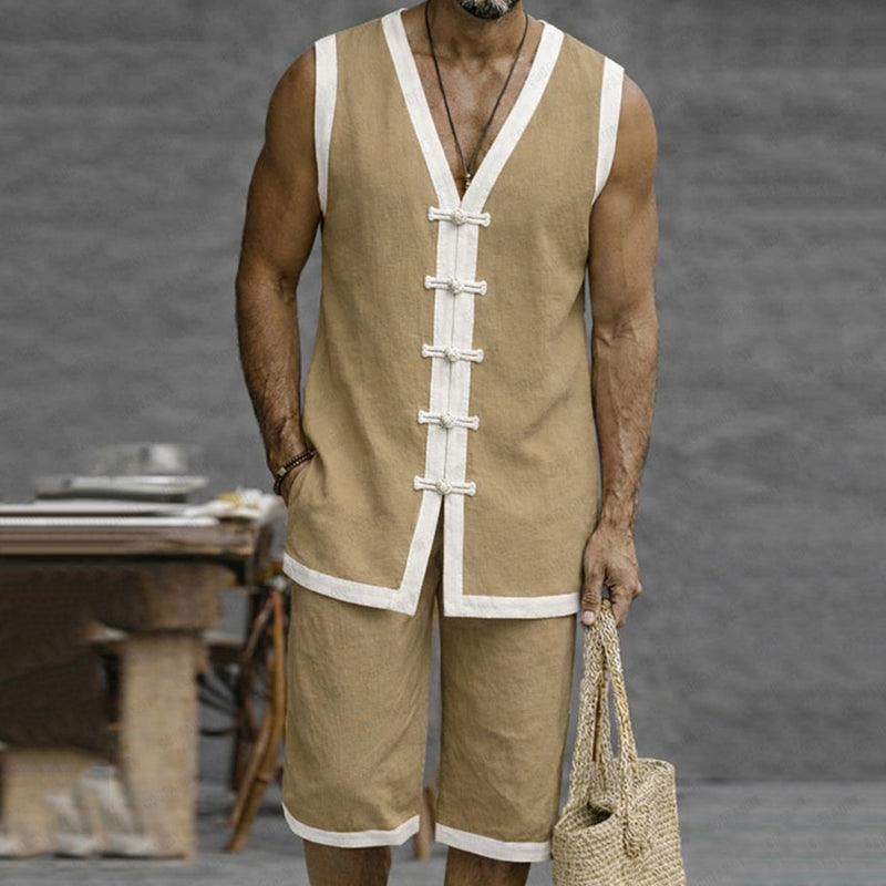 Cardydony Men's Relaxed Fit Contrast Color Frog Button Vest Set