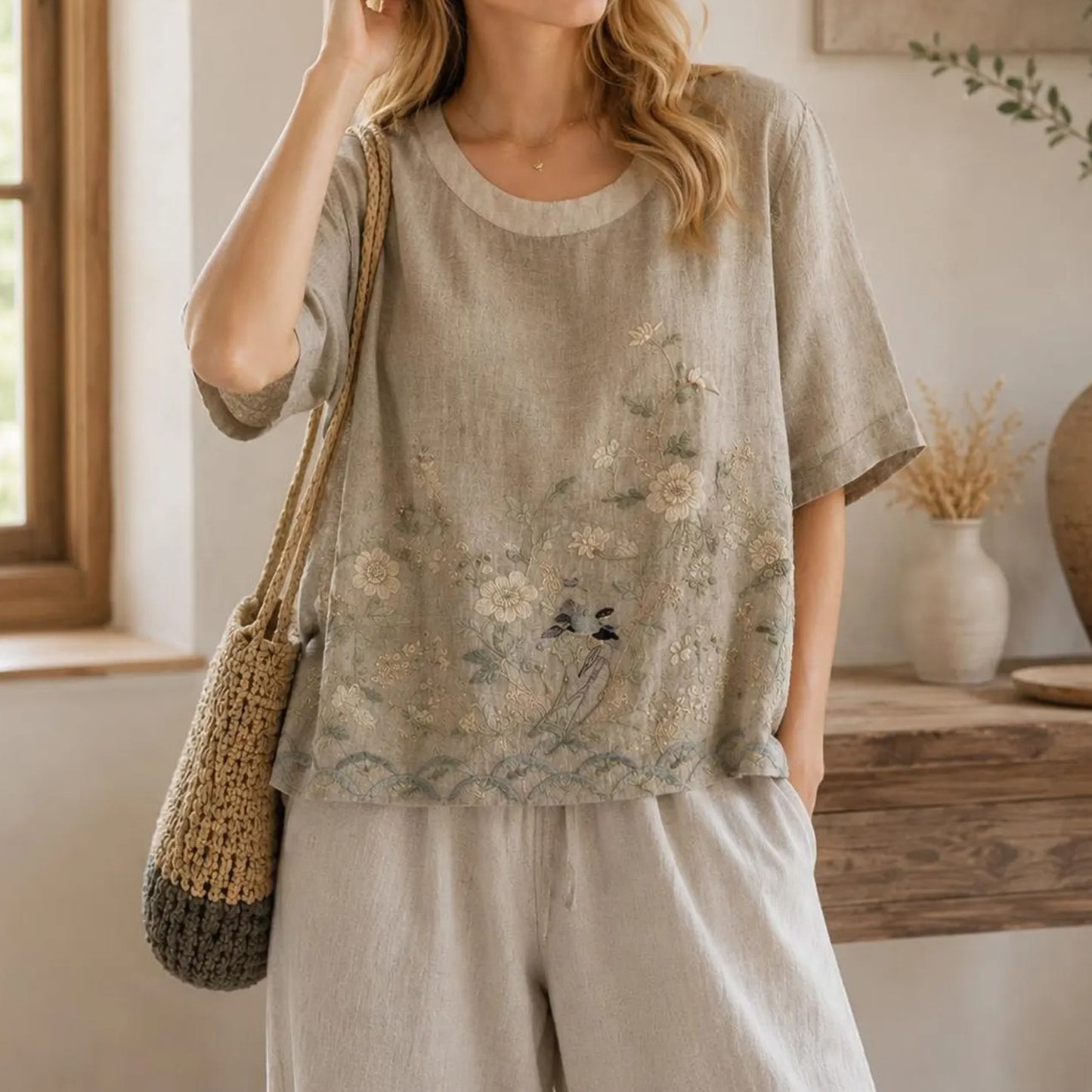 Cardydony Women's Summer Floral In Macarons Colorful Art Linen Blend Short Sleeve Tops