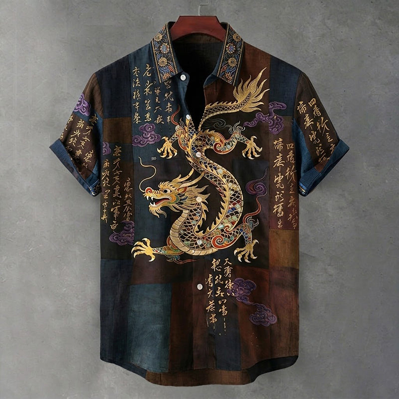Cardydony Men's Vintage Japanese Calligraphy Dragon Art Pattern Linen Blend Shirt