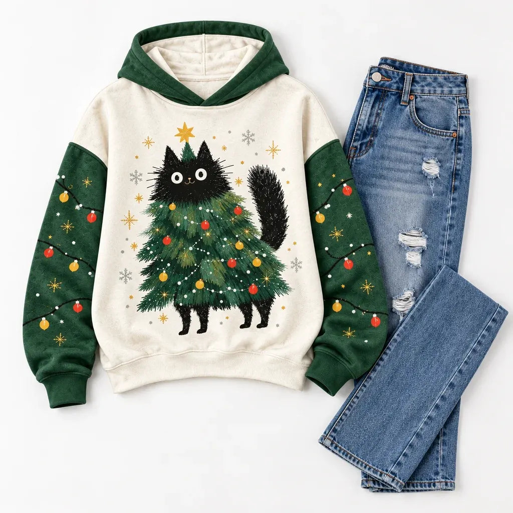 Cardydony Women's Christmas Funny Black Cat Casual Pullover Hoodies