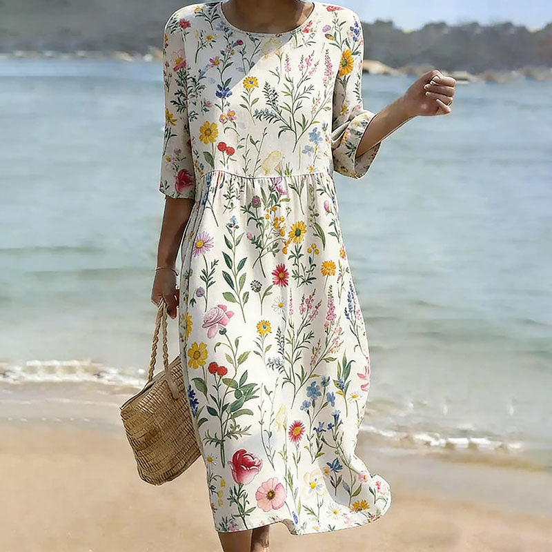 Cardydony Vintage Floral Art Linen Blend Loose Linen Dress