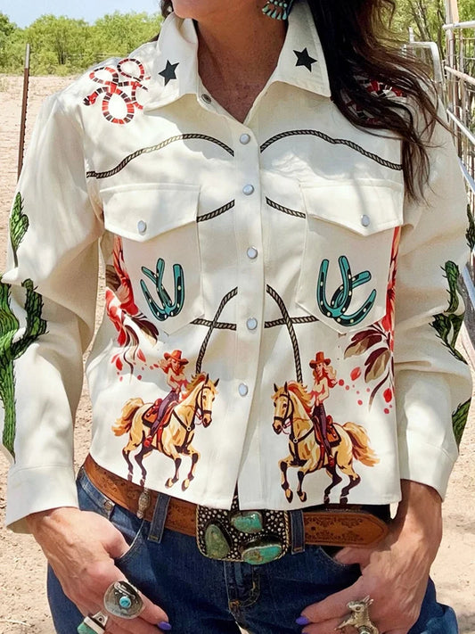 Cardydony Casual Cactus Western Style Cowgirl Rodeo Long Sleeve Pocket Shirt