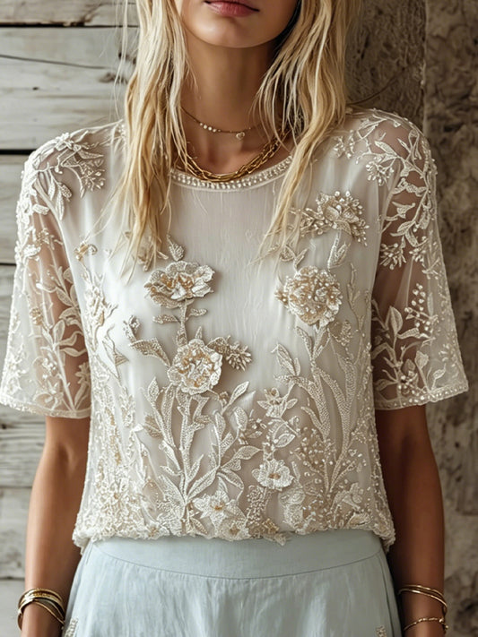 Cardydony Vintage Lace Floral Embroidered Sheer Mesh Short Sleeve Top