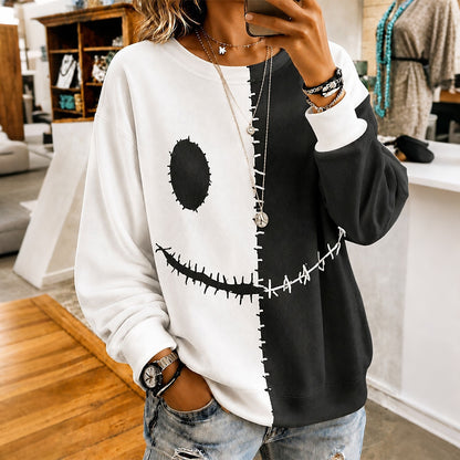 Cardydony Women's Retro Halloween Smiley Face Color Block Casual Comfort Hoodie