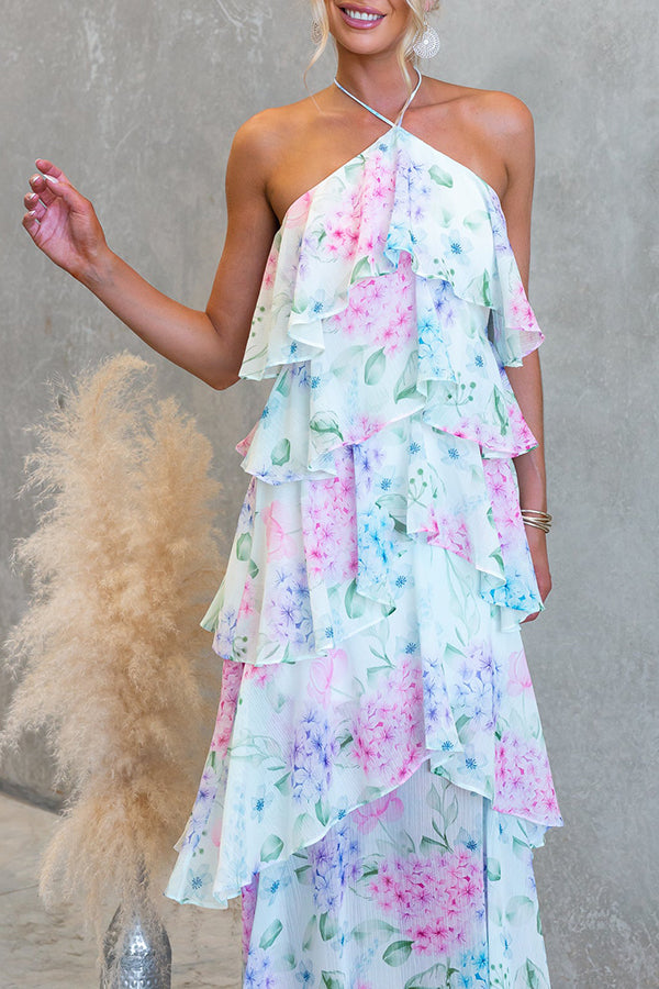 Cardydony Women's Poetic Eden Chiffon Floral Print Tiered Ruffles Halter A-line Maxi Dress