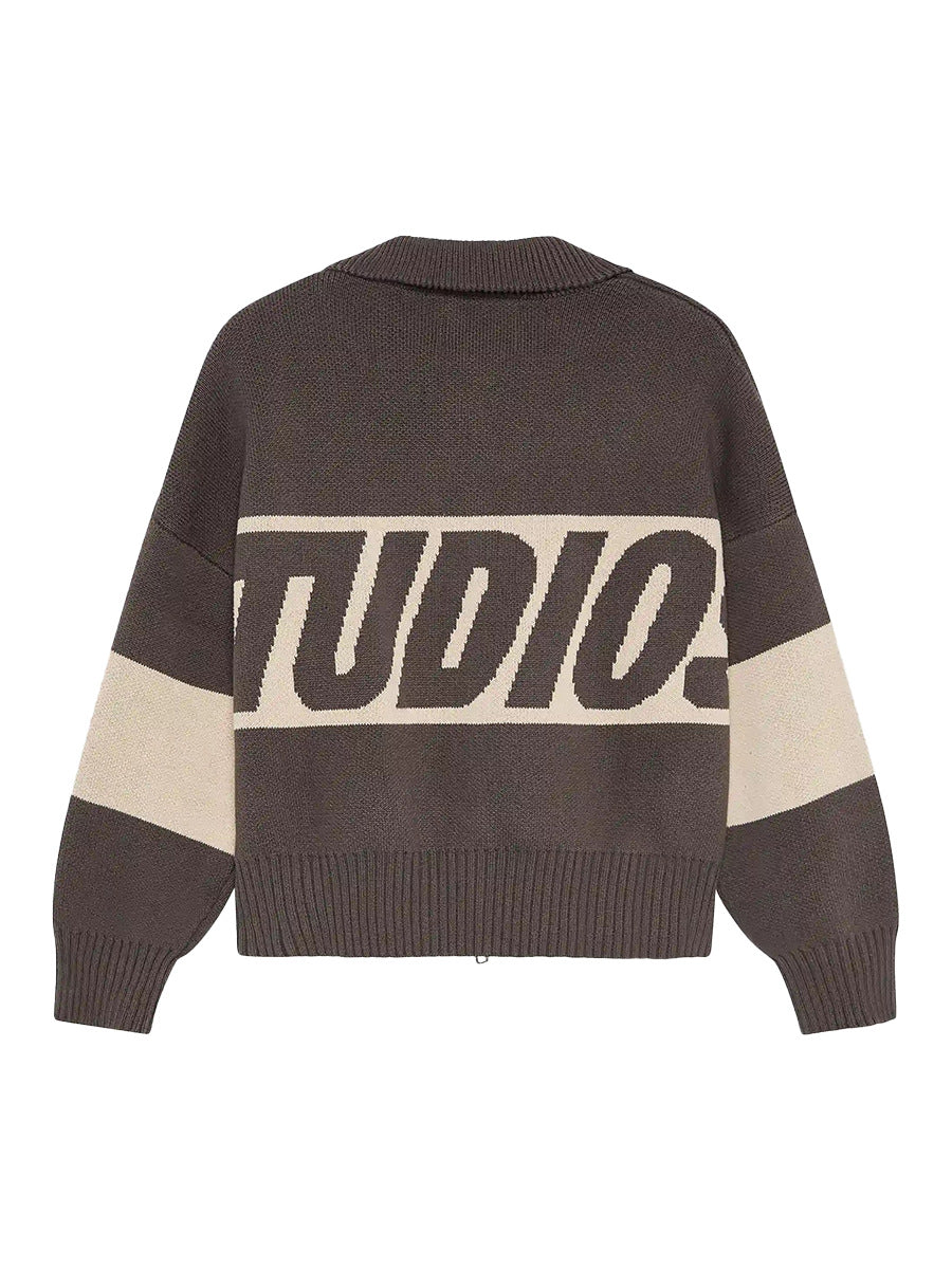 Cardydony Women's Retro Jacquard Letter Zip Up Sweater – Sporty Colorblock Knit Cardigan