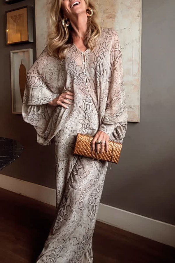 Cardydony Women's Iselle Animal Print Button Up Batwing Sleeve Shirt and Elastic Waist Wide Leg Pants Set
