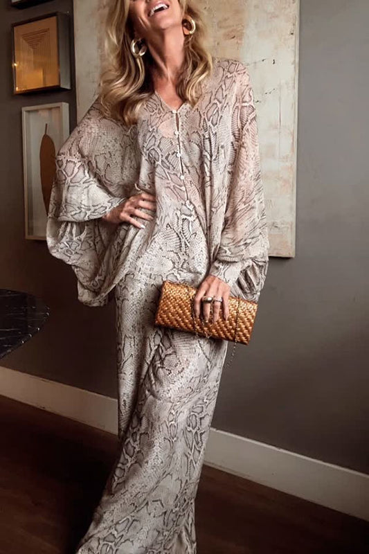 Cardydony Women's Iselle Animal Print Button Up Batwing Sleeve Shirt and Elastic Waist Wide Leg Pants Set