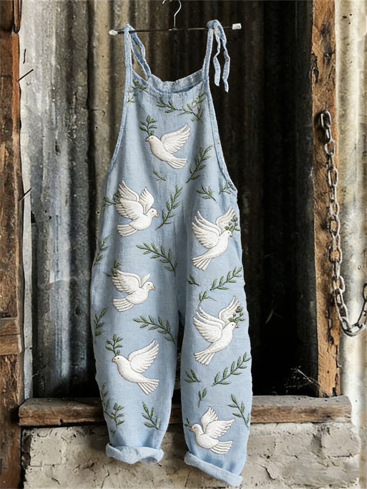 Cardydony Peace Dove Pattern Simple Linen Jumpsuit