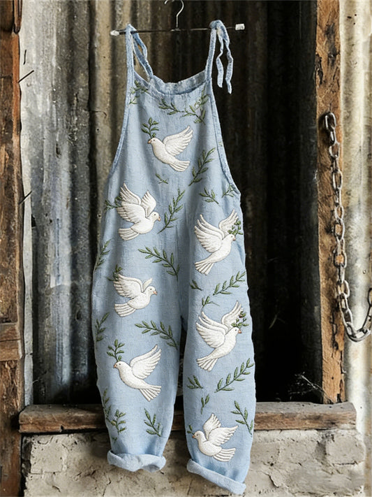 Cardydony Peace Dove Pattern Simple Linen Jumpsuit