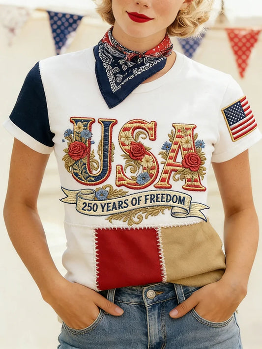 Cardydony Women's Casual American 250th Anniversary In Patchwork Art Casual T Shirt