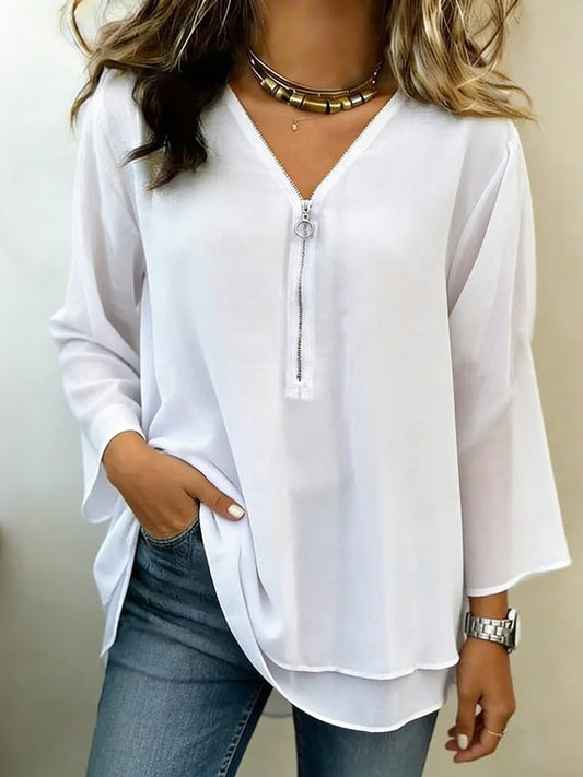Cardydony Women's Casual Double Layer Design Three-quarter Sleeve Zipper Chiffon Top