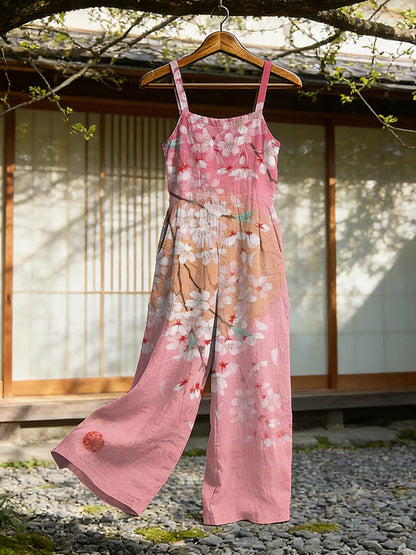 Cardydony Japanese Cherry Blossom Art Cozy Linen Jumpsuit