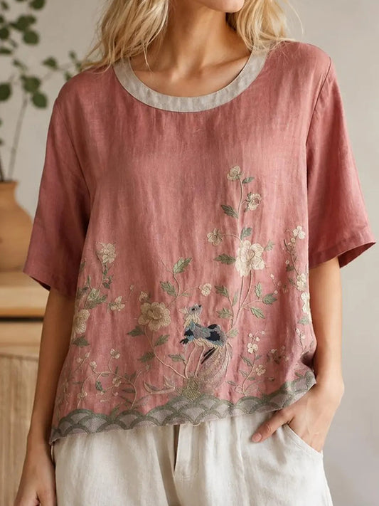 Cardydony Women's Summer Floral In Macarons Colorful Art Linen Blend Short Sleeve Tops