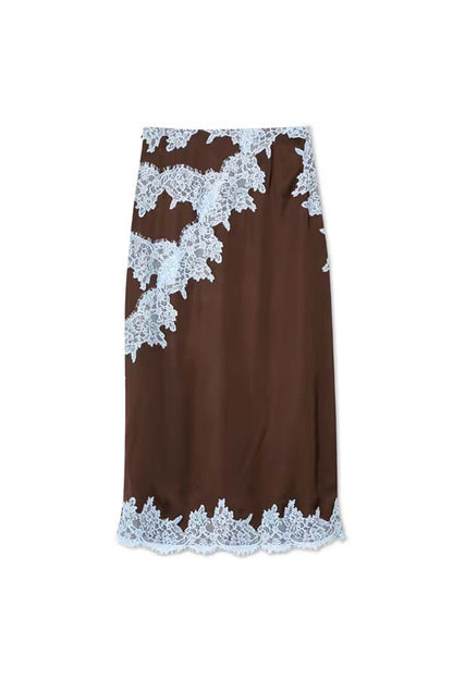 Cardydony Women's  Sunday Social Contrast Color Satin Lace Trim Mid Rise Maxi Skirt
