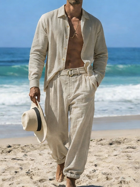 Cardydony Linen Simple Shirt And With Belt Trousers Vacation Set