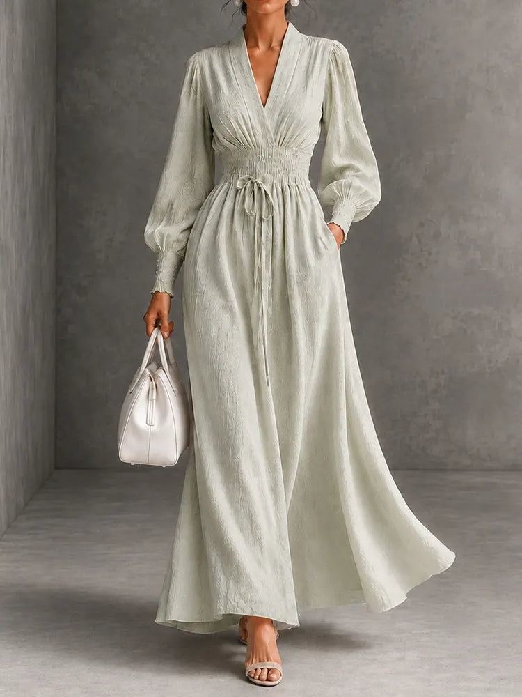 Cardydony Elegance V-neck Belted Waist Long Sleevess Maxi Dress