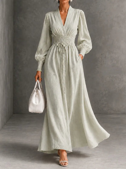 Cardydony Elegance V-neck Belted Waist Long Sleevess Maxi Dress