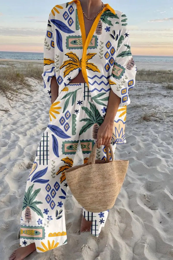 Cardydony Women's  Summer Coconut Tree Print Loose Shirt and Elastic Waistband Pocket Pants Set