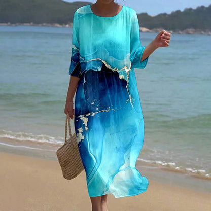 Cardydony Women's Marble Watercolor Art Pattern Linen Blend Loose Three-quarter Sleeve Dress