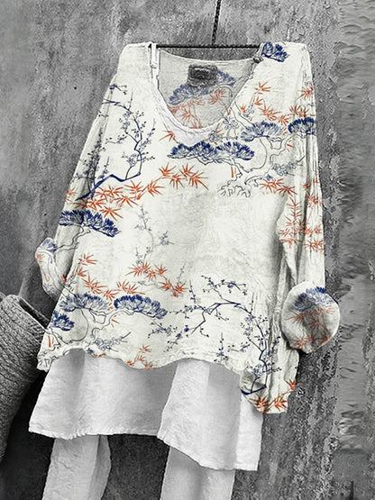 Cardydony Women's Japanese Floral Art Print V-neck Loose T-shirt