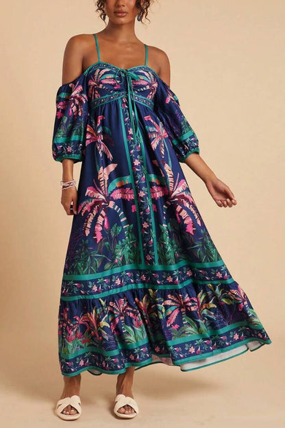Cardydony Women's  Coconut Tree Print Off-shoulder Half Sleeve Casual Vacation Maxi Dress