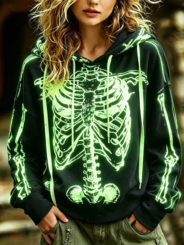 Cardydony Women's Halloween Vintage Fluorescent Human Skeleton Art Long Sleeve Cardigan Hoodie
