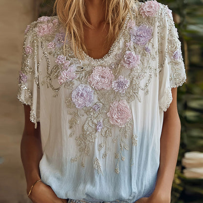 Cardydony Bohemian Floral Embroidered Vintage Ombre White To Blue Top