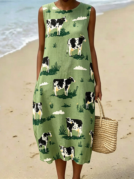 Cardydony Women's Cow Pattern Round Neck Casual Long Dress