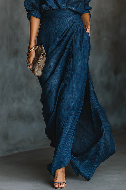 Cardydony Women's Solid Color Loose-fitting Collared Long-sleeved Shirt and Elegant Pleated Maxi Skirt Set