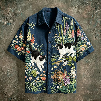 Cardydony Oriental Bamboo Floral Cat 3d Embroidery Camp Collar Short Sleeve Shirt, Retro Chinese Garden Animal Embroidery Cotton Linen Button Down Shirt