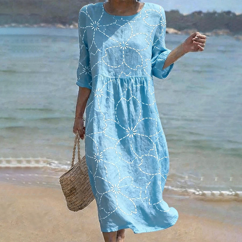 Cardydony Women's Casual Round Neck Mid Sleeve Print Cotton And Linen Dress