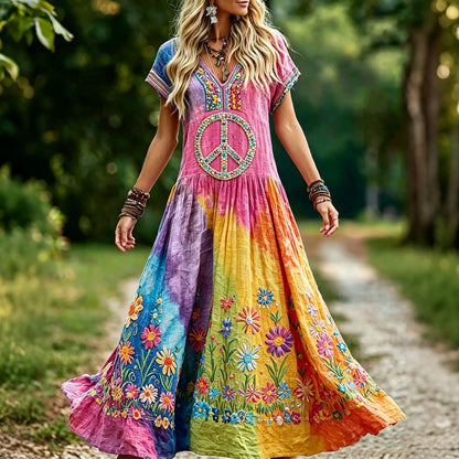 Cardydony Women's Retro Hippie Peace Floral Embroidery Casual Linen Long Dress