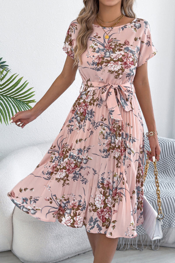 Cardydony Women's Floral Print Round Neck Fitted Waist Tie Pleated Midi Dress