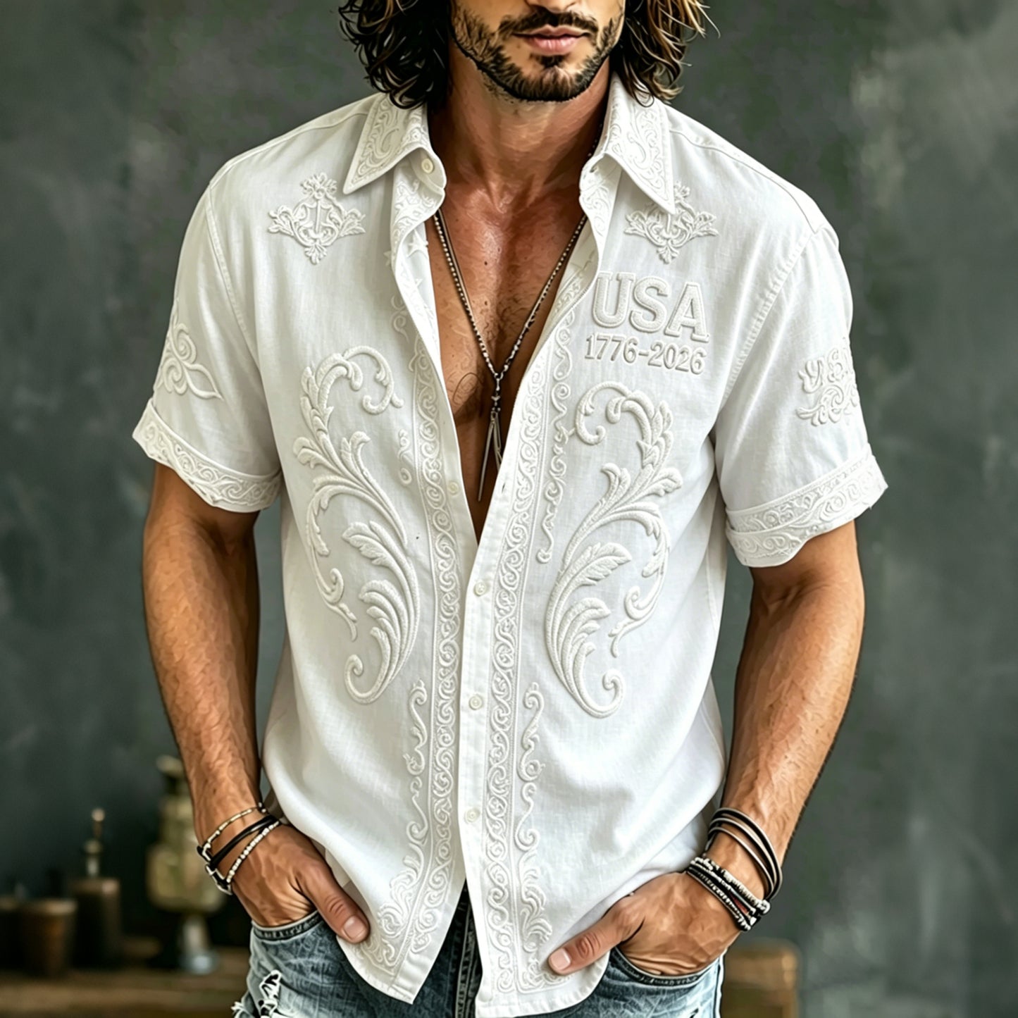 Cardydony Men's Retro Ethnic Embossed Usa Print Short-sleeve T-shirt