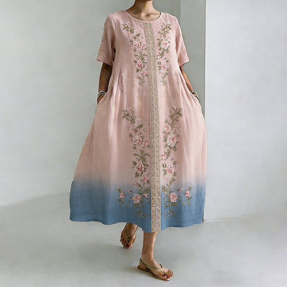 Cardydony Women's Roses Art Print Flowy Linen Blend Casual Short Sleeve Dress