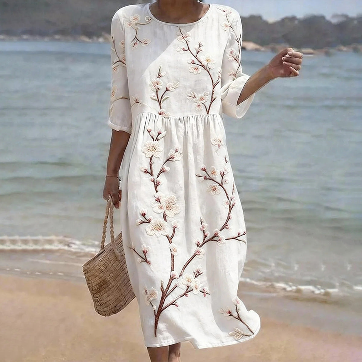 Cardydony Vintage Floral Cherry Blossoms Art Pattern Linen Blend Loose Three-quarter Sleeve Dress