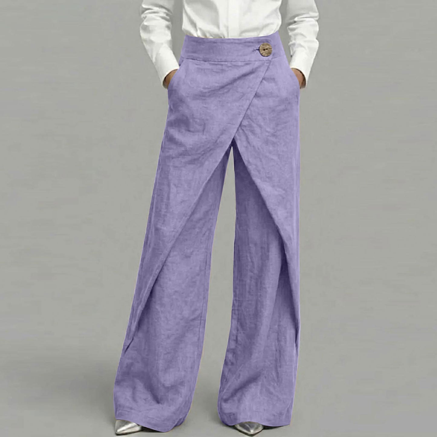 Cardydony Women's Casual Retro Slanted Button Cotton And Linen Pants