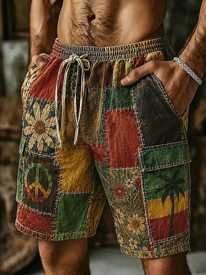 Cardydony Men's Retro Floral Hippie Patchwork Vacation Cotton Linen Shorts